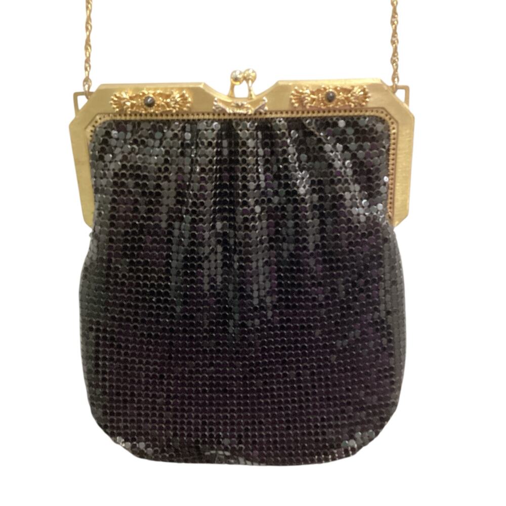 Vintage Whiting & Davis Purse Gold Hardware/ Chain Shiny Black Beautiful!